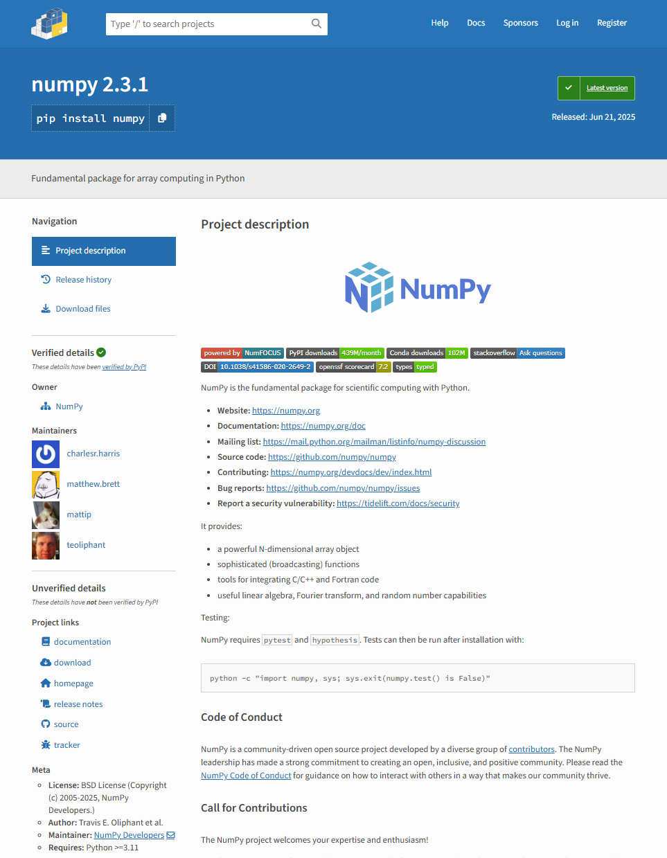 La entrada en el repositorio https://pypi.org/ de la librería ``numpy``.